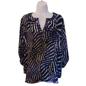 Abstract Patterned HiLo Blouse Royal Blue Black Size L
